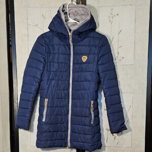 Blue Long Quilted Puffer Jacket with Hood